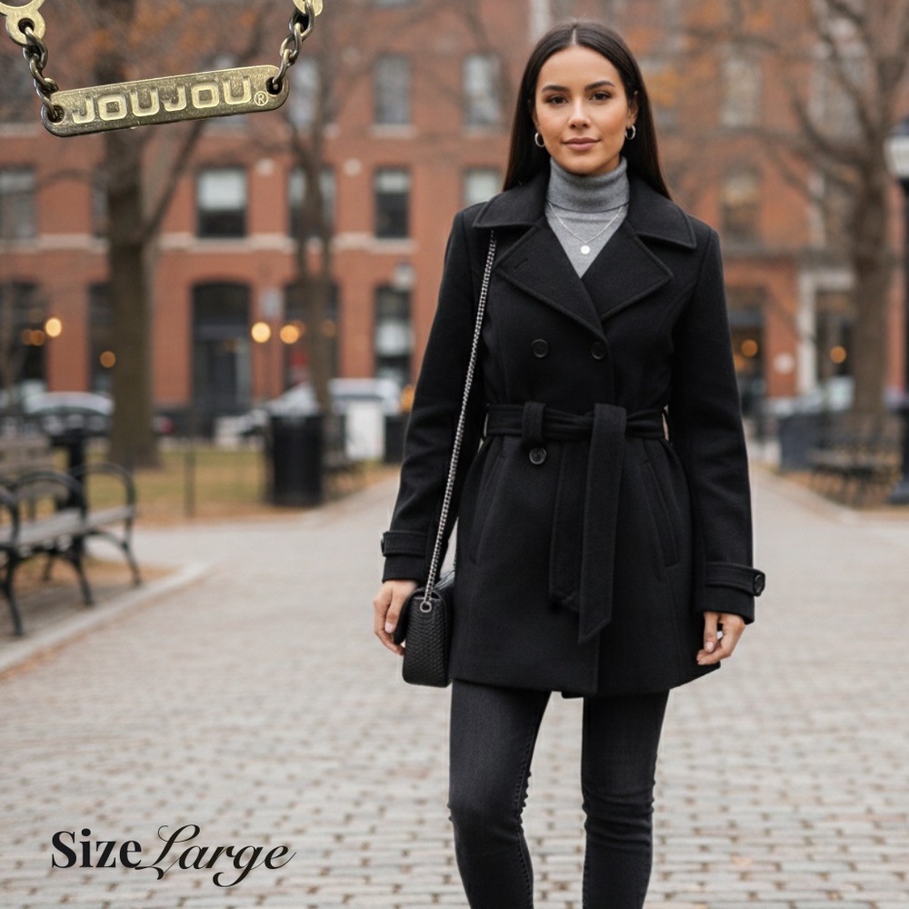 BLACK JOUJOU Wool Blend Double Breasted Belted Pea Coat Women's Size L